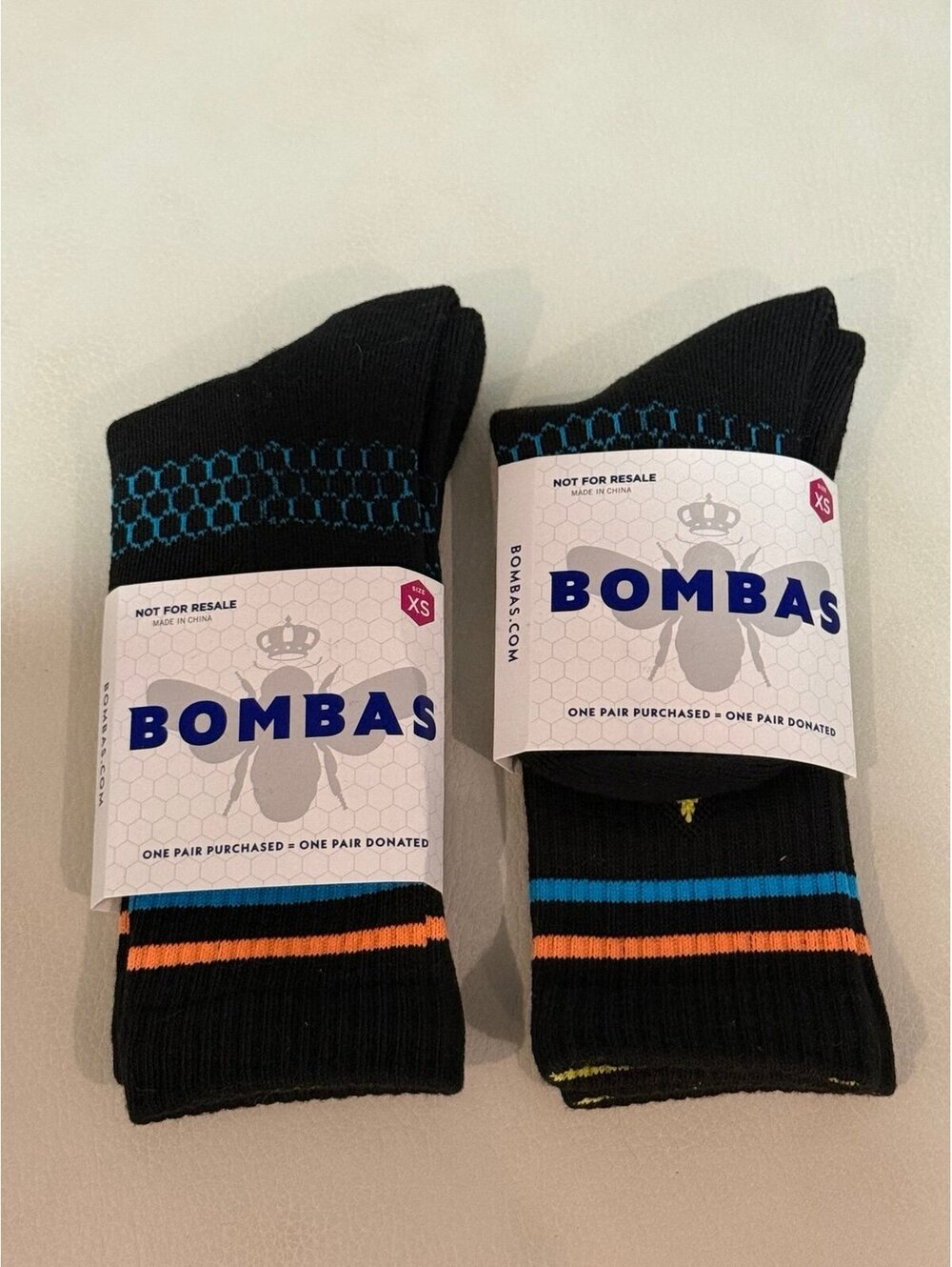 BOMBAS 2 Pairs UNISEX Half Calf Socks Black w/Orange Blue Stripe X-Small New